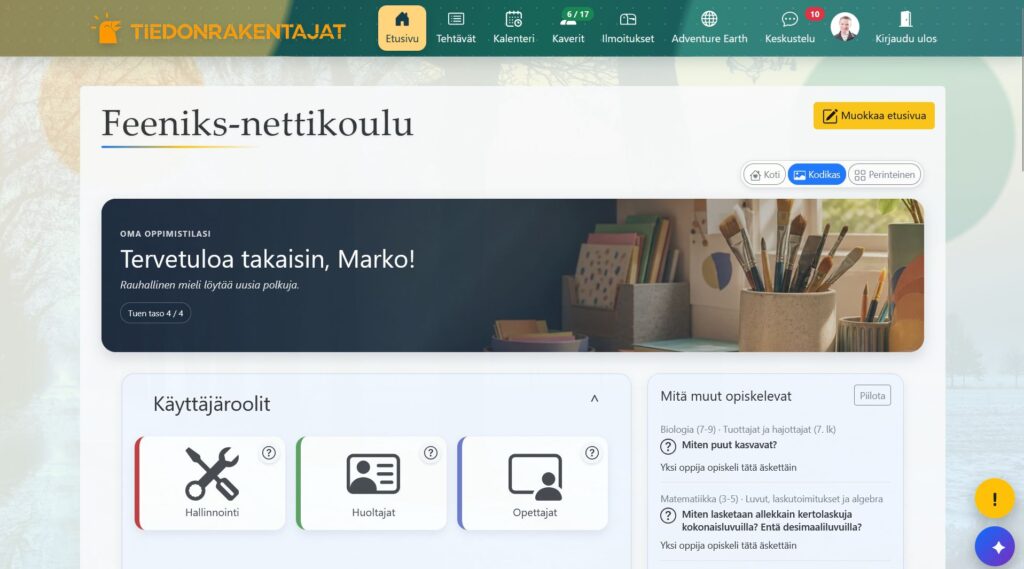 Knowledge Constructors 3.0 homepage with learning tools and user roles